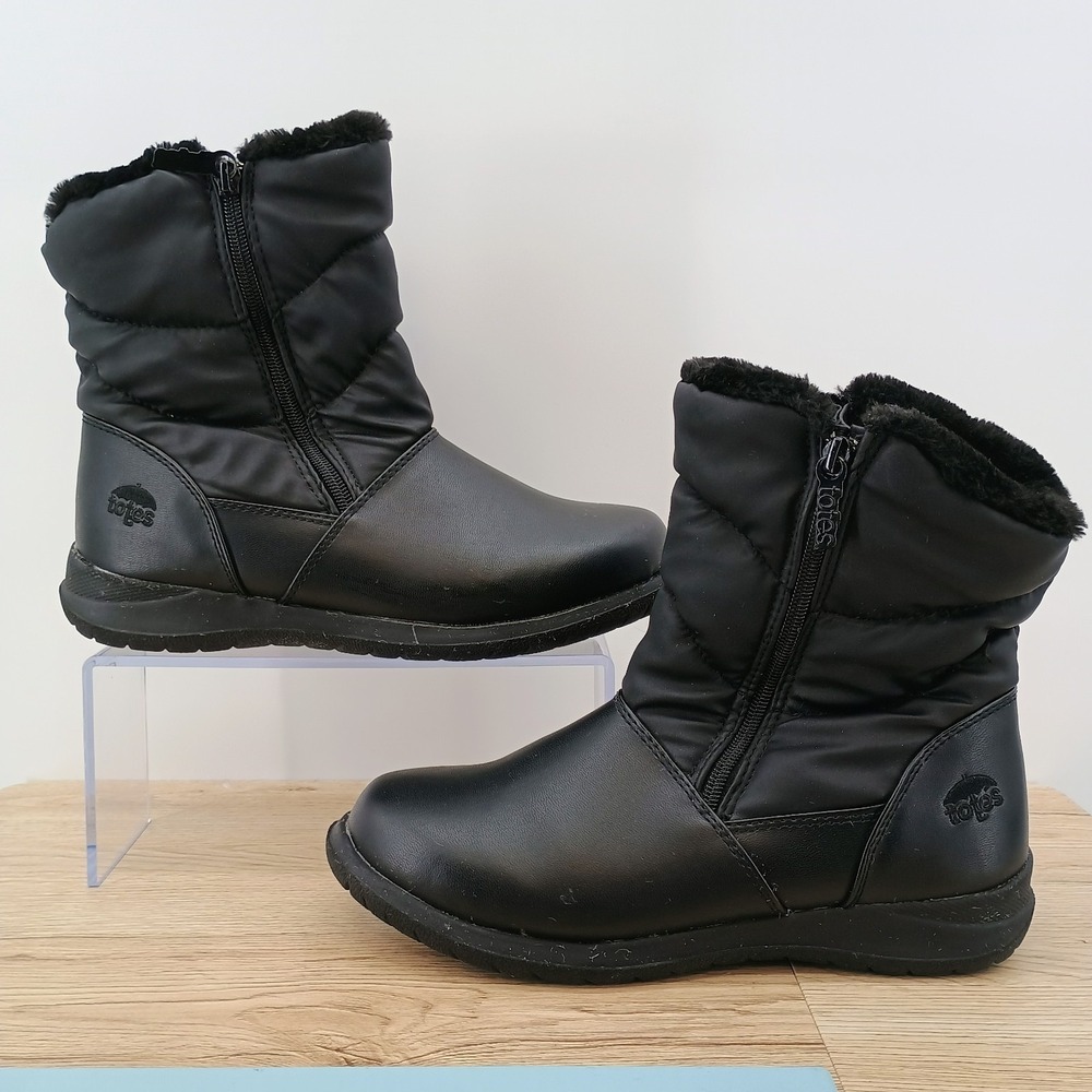 Totes Womens 8M Black Faux Fur Lined Winter Snow Boots Waterproof Double Zip